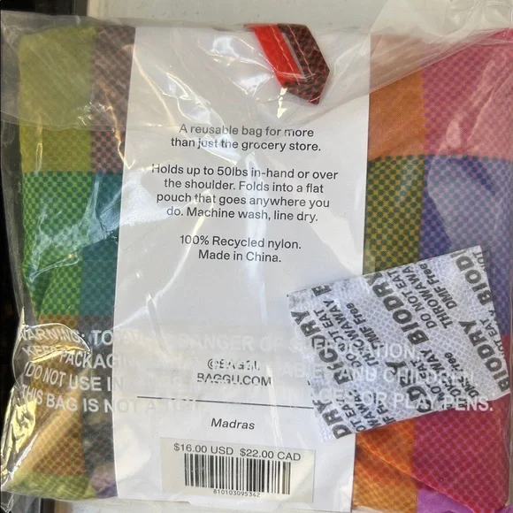 NWT BAGGU Madras standard reusable tote bag - Picture 6 of 6